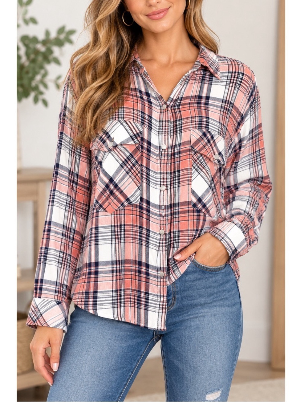 Sanctuary Coral Pink, Navy & White Plaid Button-Up Shirt- Small